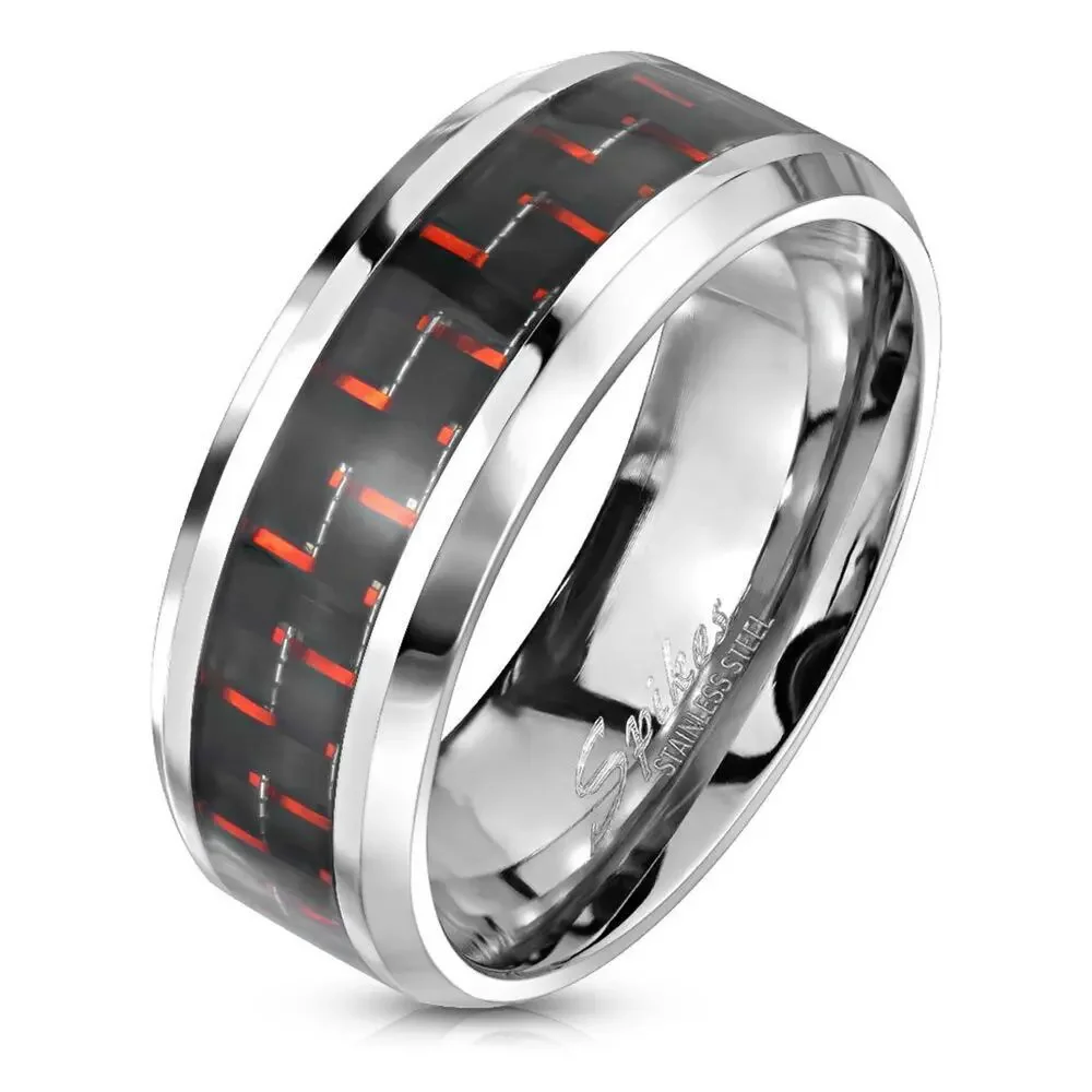 Men’s Black Red Carbon Fiber Center Ring 316L Stainless Steel 8mm band size 13